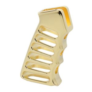 AR-15 gold pistol grip, premium firearm grip, gold plated AR accessory, ergonomic rifle grip, upgrade AR-15 parts