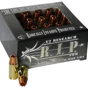 G2 Research R.I.P. ammo, 9mm Luger ammunition, fragmenting hollow point, lead-free ammo, self-defense ammo, tactical ammunition, 92 grain 9mm, G2 R.I.P. rounds